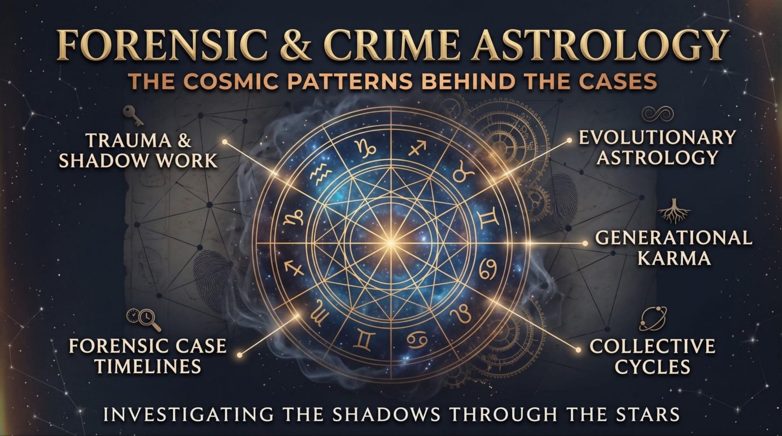 Forensic & Crime Astrology — the cosmic patterns behind the cases: trauma and shadow work, evolutionary astrology, generational karma, forensic case timelines, collective cycles