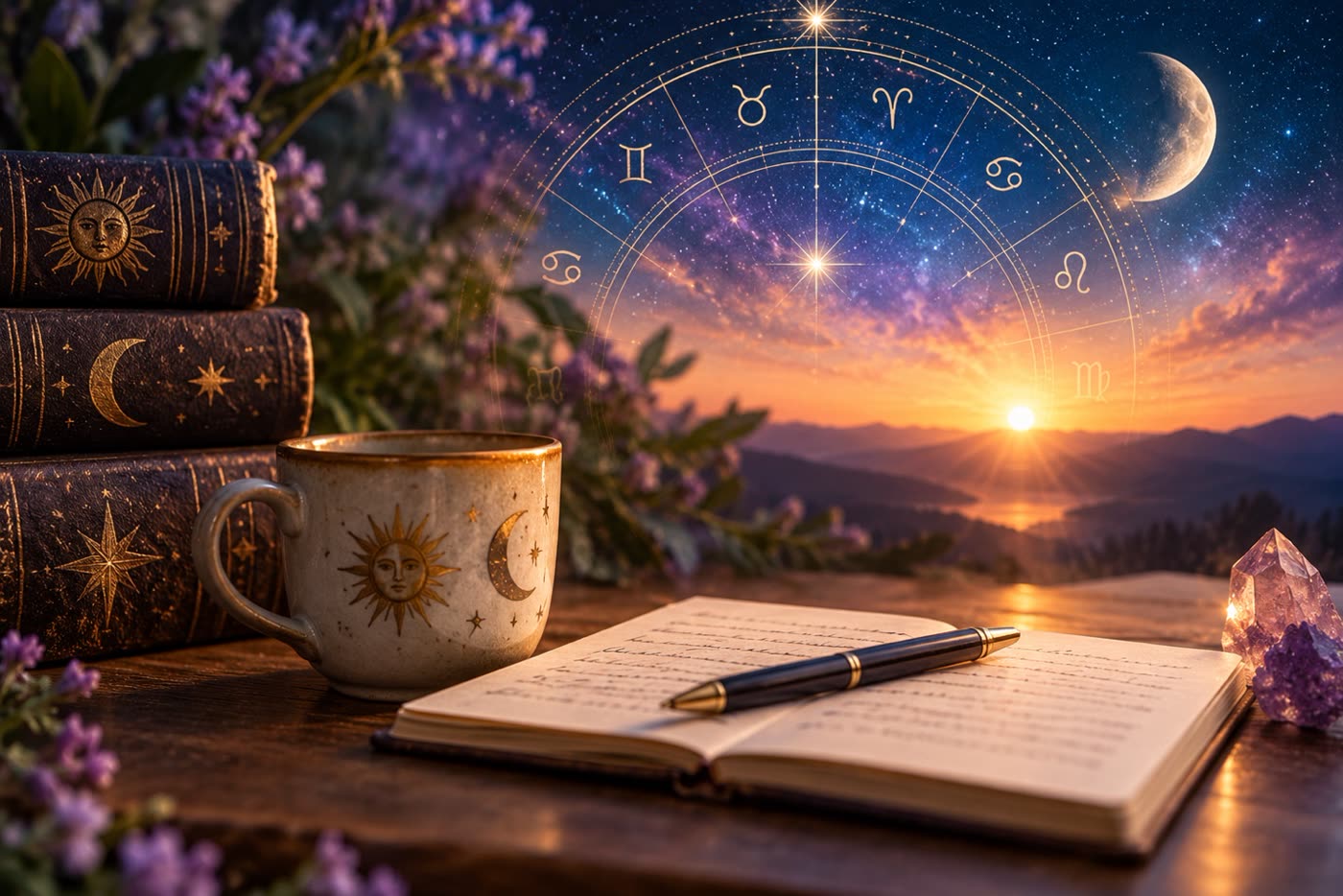 An open journal, a pen and a mug on a desk beneath a zodiac wheel in a sunset sky