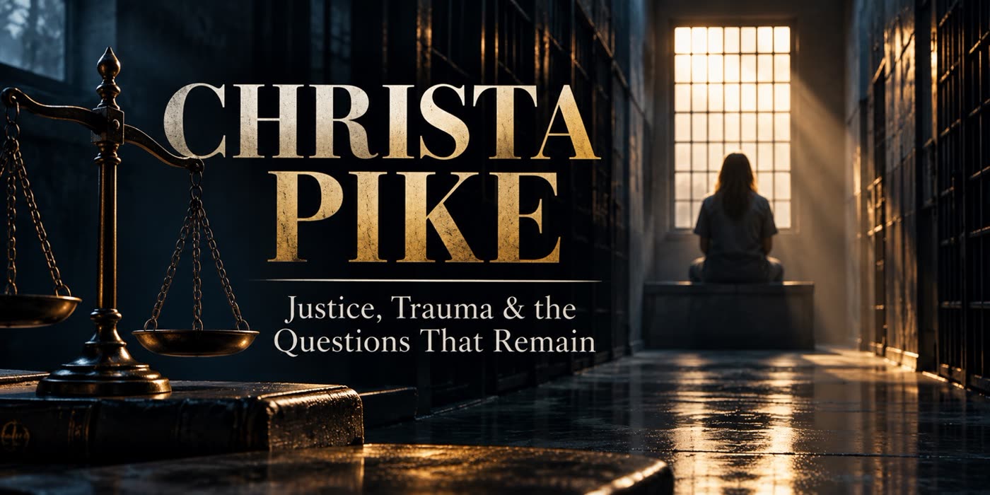 Christa Pike: Justice, Trauma and the Questions That Remain. Scales of justice and a seated figure in a prison hall