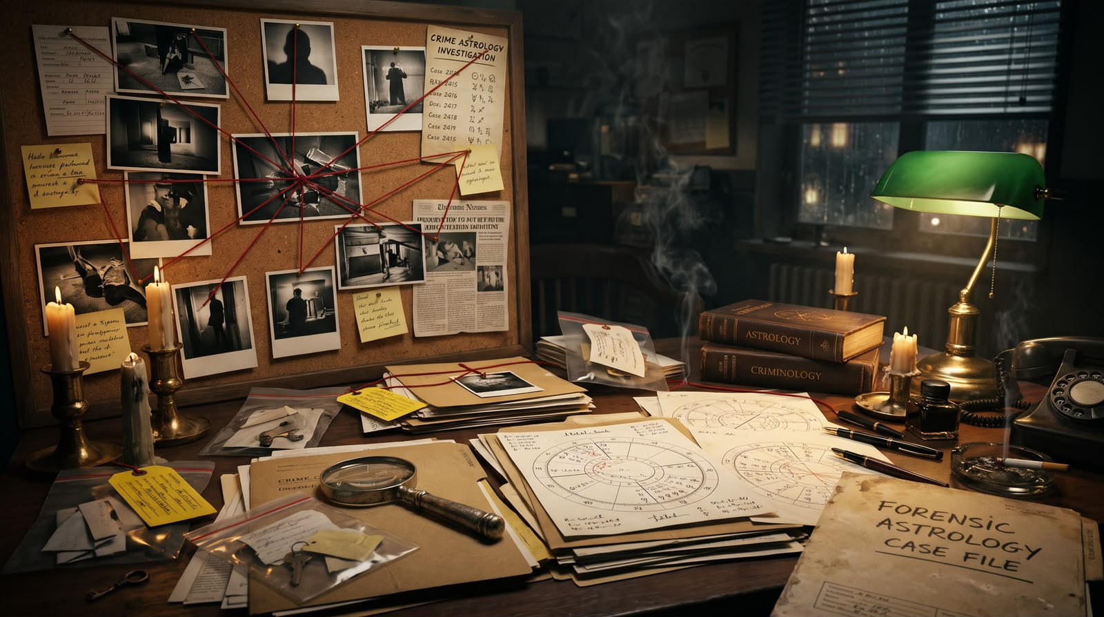 Forensic astrology case file: charts, notes and a case board