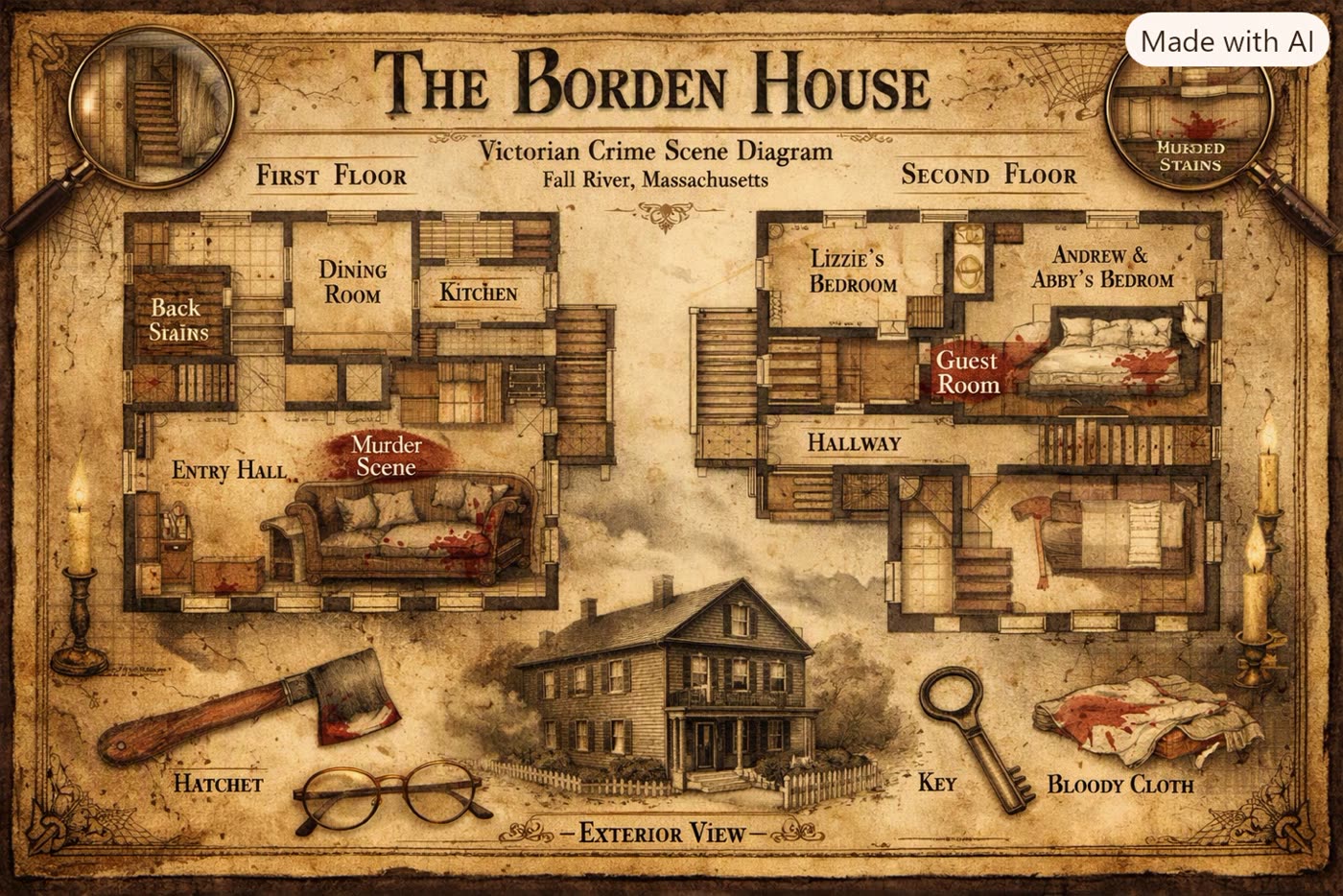 An illustrated crime scene diagram of the Borden house, showing the first and second floors, the guest room and the sitting-room sofa