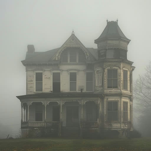 A weathered Victorian house standing in thick fog